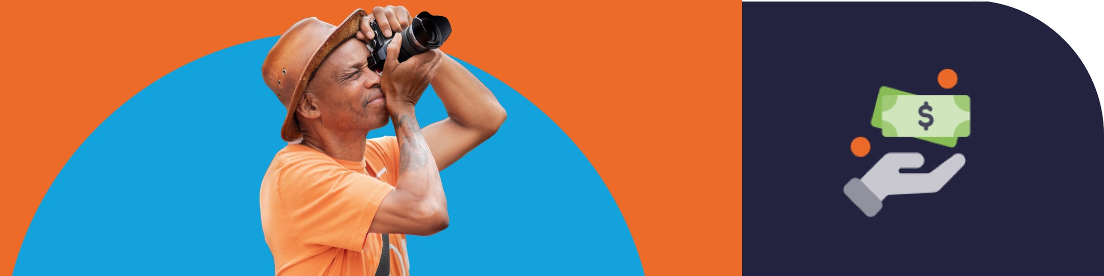 A man wearing a hat puts a camera to his eye to take a photo